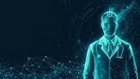 Digital businessman silhouette with glowing cyan neural network connections and futuristic data visualization for AI technology presentations.
