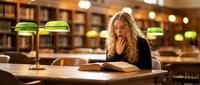 Young blonde woman reading book at wooden table in classic library with green banker lamps, studying academic research in quiet educational environment.