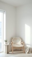 Minimalist corner reading nook with wooden armchair, soft natural lighting and neutral decor for relaxation and mindfulness spaces.