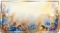 Watercolor horses and horseshoes border frame with soft pastel colors and ornamental swirls, isolated on white background for design projects.