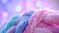 Soft pastel braided yarn in pink and blue colors with dreamy bokeh background creates gentle romantic mood. Macro close up of twisted textile strands.