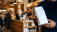 Male customer with dark skin tone holding blank white box in modern cafe or retail shop with blurred background, suitable for product packaging mockups and commercial advertising.