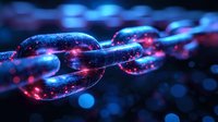 Glowing digital chain links in blue and red neon colors against dark background with bokeh effect, representing blockchain technology and secure connection.
