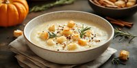 Creamy autumn soup with croutons and herbs in rustic bowl, perfect for seasonal cooking and comfort food recipes during fall harvest time.