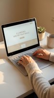 Woman hands typing on laptop with e-learning course website displayed on screen. Online education and skill development concept for remote studying.