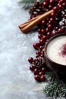 Cozy winter drink with foam in dark cup, surrounded by fresh cranberries, pine cones, cinnamon sticks and evergreen branches on frosty background.