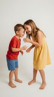 Happy siblings laughing and playing together in colorful summer clothes on white background for family lifestyle campaigns.