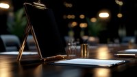 Clipboard with blank paper on wooden table in dark office setting with ambient lighting and bokeh background, creating professional business atmosphere.