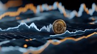 Golden cryptocurrency coin against blurred trading chart background showing price volatility and market trends in blue and orange tones.