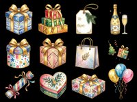 Festive gift clipart set with wrapped boxes, balloons, champagne, and tags, isolated on transparent background. Great for T-shirts, stickers, print on demand, and sublimation.