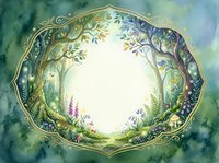 Watercolor forest frame with trees, ferns and flowers creating circular border on textured background for nature designs and botanical artwork.