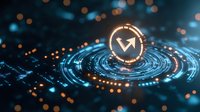 Glowing cryptocurrency coin with upward arrow symbol surrounded by digital circular waves and bokeh lights on dark background. Futuristic finance concept.