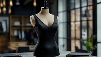 Black sleeveless leotard on mannequin torso form against blurred fashion atelier background with natural lighting and window reflections. Professional styling setup.