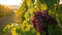 Ripe red grapes hanging on vine in vineyard during golden hour sunset with warm light filtering through green leaves for wine production and harvest.