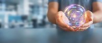 Hands holding glowing digital sphere with circuit patterns, representing technology innovation, data protection, and global connectivity for business solutions.