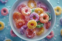 Colorful sugar-coated fruit cereal rings in white bowl on blue background, breakfast food photography for advertising and packaging design.
