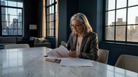 Professional mature blonde businesswoman reviewing documents in modern office conference room with city skyline view through large windows.