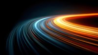 Dynamic light trails creating curved motion blur with vibrant orange and blue streaks against dark background for modern technology concepts.