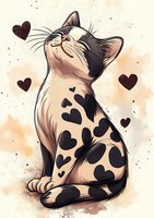 Adorable cartoon cat with heart-shaped spots sitting contentedly on beige background, surrounded by floating heart decorations.