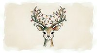 Watercolor deer head with Christmas lights wrapped around antlers on beige background for holiday greeting cards and seasonal decorations.