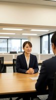 Professional Asian businesswoman in navy suit smiling during job interview or business meeting in modern office conference room with city view.