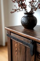 Rustic wooden cabinet with black barn door hardware and decorative clay vase holding dried red berries, creating cozy farmhouse interior atmosphere.