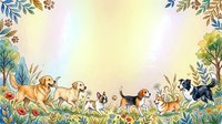 Playful dogs of various breeds and sizes interact in a lush garden setting surrounded by colorful flowers and foliage, creating a cheerful scene suitable for pet-related designs and children's illustrations.