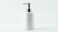 White ceramic soap dispenser with chrome pump on neutral background, isolated for product mockups, packaging design, and bathroom decor presentations.