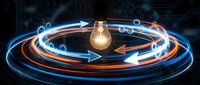 Glowing light bulb surrounded by circular neon arrows in blue and orange, representing energy flow, innovation, and technology concepts for business presentations.