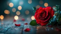 Red rose with water drops on dark background with bokeh lights and scattered petals, romantic mood for Valentine's Day and wedding designs.