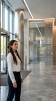 Professional businesswoman in modern corporate office lobby with marble floors and glass walls looking thoughtfully ahead during workday.