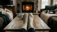 Cozy feet in warm knitted socks resting on wooden coffee table by crackling fireplace in comfortable living room during winter evening relaxation time.