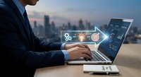 Professional businessman working on laptop with digital technology icons and data analytics interface against modern city skyline background at sunset.
