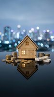 Wooden house model with coins and banknotes on reflective surface against blurred city lights background representing real estate investment and savings.