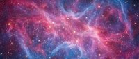 Cosmic nebula with swirling pink and blue gas clouds filled with glowing stars, suitable for space backgrounds and astronomy-related projects.