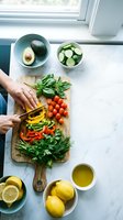 Fresh vegetables and herbs being prepared on wooden cutting board in bright kitchen with natural light for healthy cooking and meal preparation.