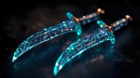 Glowing turquoise crystal daggers with golden handles on dark background create mystical fantasy atmosphere for gaming and magical concept designs.