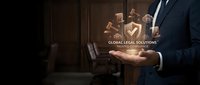 Professional businessman presenting legal technology solutions with holographic interface displaying justice scales and legal icons in modern office.