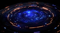 Futuristic circular interface with glowing orange and blue neon elements on dark background creates technological sci-fi atmosphere for digital design projects.