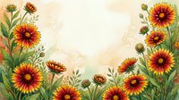 Watercolor floral border with vibrant red and yellow blanket flowers on a soft beige background, perfect for cards and invitations.