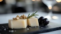 Artisanal cheese wedges with walnuts and black olives on slate board, gourmet appetizer platter for restaurant menu and culinary presentations.