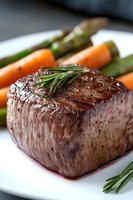 Juicy grilled beef tenderloin steak garnished with fresh rosemary, served with baby carrots and asparagus spears on white plate, close-up food photography.
