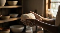 Potter hands holding fresh clay bowl in ceramic workshop studio with pottery wheel and shelves displaying handmade earthenware vessels in warm natural light.