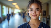 Young female medical professional in navy blue scrubs smiling warmly at camera in hospital hallway with soft bokeh background and natural lighting.