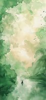 Serene watercolor landscape with silhouette of person meditating on calm lake surface, surrounded by lush green forest and misty atmosphere. Spiritual wellness concept.