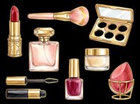 Watercolor makeup and beauty set with lipstick, perfume, brush, palette, mascara, nail polish, and sponge, isolated on transparent background, ready for stickers, clipart, and print on demand.