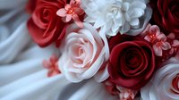 Romantic composition of red and white roses with small pink blossoms on soft fabric background, creating elegant floral arrangement for wedding and celebration decor.