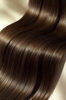Smooth flowing brown hair strands with glossy shine and silky texture against light background, showcasing healthy hair care and beauty treatment results.
