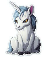 Cute baby unicorn with blue mane and golden eyes sitting on white isolated background, sticker style character design for merchandise and children products.