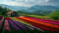 Vibrant tulip fields with red, pink and purple flowers stretch across rolling hills, small cottage nestled among mountains in spring landscape. Scenic rural view.